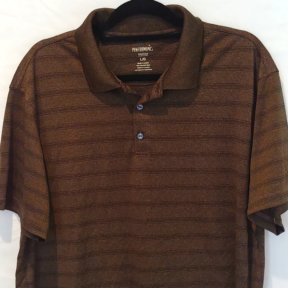 Haggar - Brown/ Black Striped Performance Polo Shirt. Men’s Large